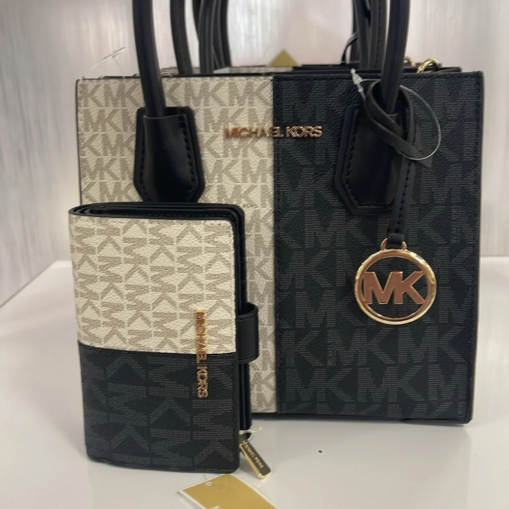 Michael Kors Mercer Medium Two-Tone Logo Messenger & MK JST Md Bifold Zip Wallet